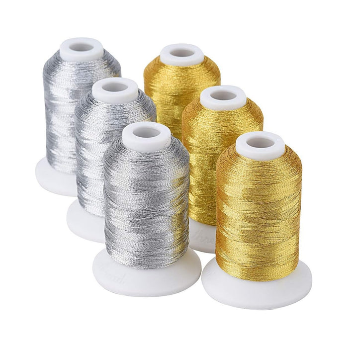 Simthread 6 Pcs Silver & Gold Colors Metallic Embroidery Thread